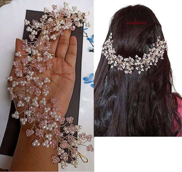 MANODHRUVA Handmade Pearl & Crystal Beaded Tiara for Women, Shimmering Hair Accesories Hair Chain