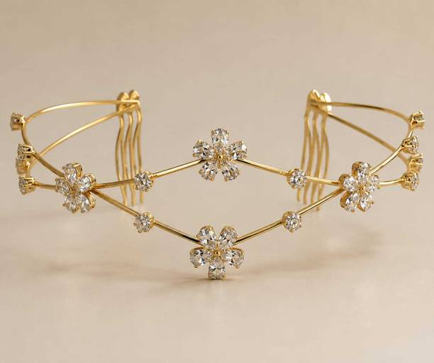 Mahitex Gold Plated Crystal Floral Bridal Head Tiara for Women Hair Band