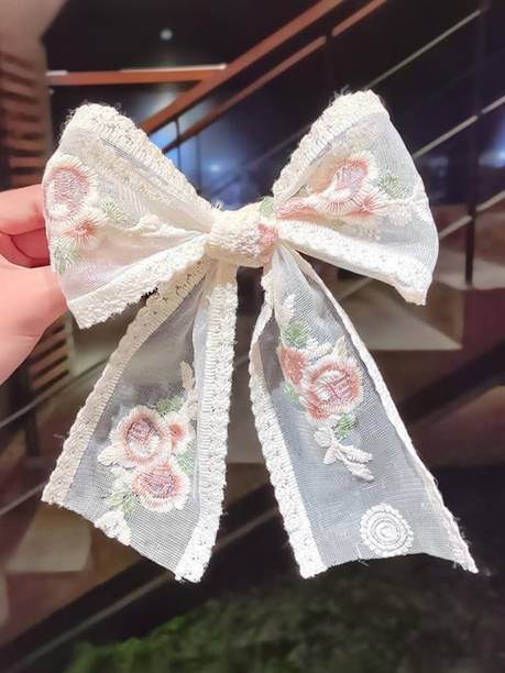 Blubby White Lace Flower Embroidery Bow for Women Hair Clip