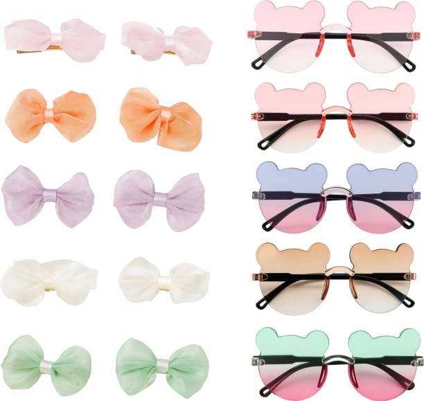 RosaStella Cute Girl Return Gift Set 5Pcs Bear Sunglasses & 10Pcs bow hair Clips for Babies hair combo