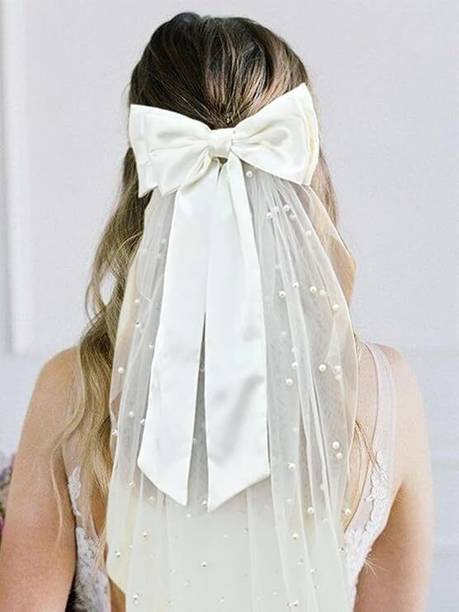 RimR Pearl Hair Bow White Wedding Veil Clip Hair Clip