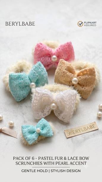 BERYLBABE Scrunchies Lace Bow & Pearl -Set of 5 (Multicolor)Soft Hair Ties 4 Women & Girls Hair Band