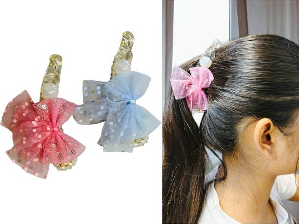 OLLIVOO 2-Pc Random Glitter Pearl Bowknot Shaped bow sparkle Net For Women & Girl Banana Clip