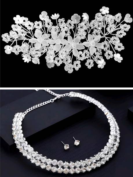 zainab White Hair Tiara for Women & Girls with Double Line Ad Choker Necklace Set Hair Accessory Set