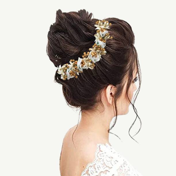 AccessoZone Royal White & Gold Floral Juda Gajra – Premium Bun Hair Accessory for Wedding Hair Accessory Set