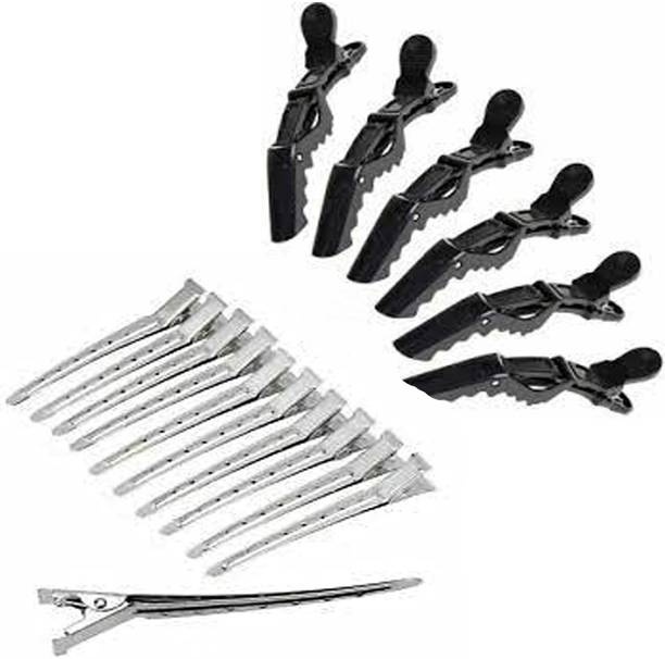 PINK BLOOM Crocodile Hair Clips black(6) + Hair Section Dividing Silver Steel Clip (12) Hair Clip