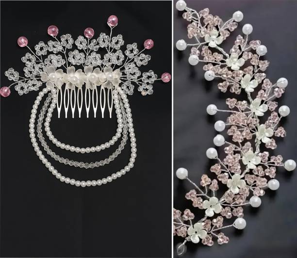 Lunox Pack of 2 – White Pearl Hair Comb & Pink Crystal Tiara hair combo
