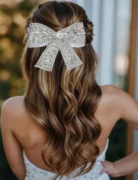 Divastri Stylish Partywear Rhinestone Silver Color Fancy Decor Hair Bow Clip. Hair Clip
