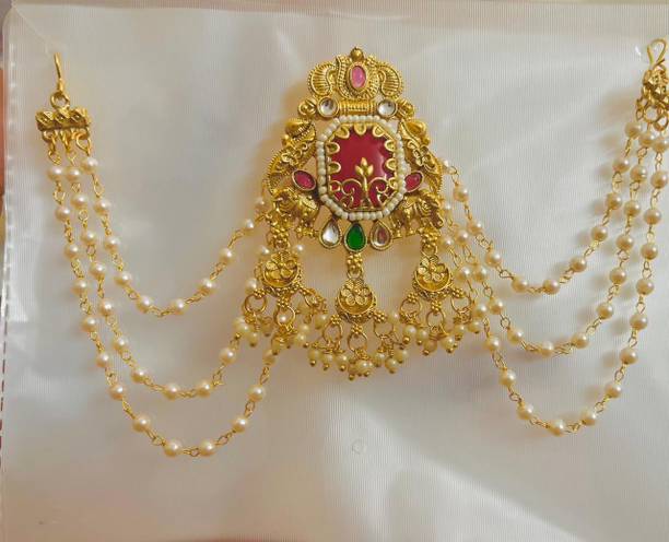 JEWELUXE Ethnic Hair Brooch with Laher Pearl Chain Kundan Work Wedding Jewelry for Women Hair Pin