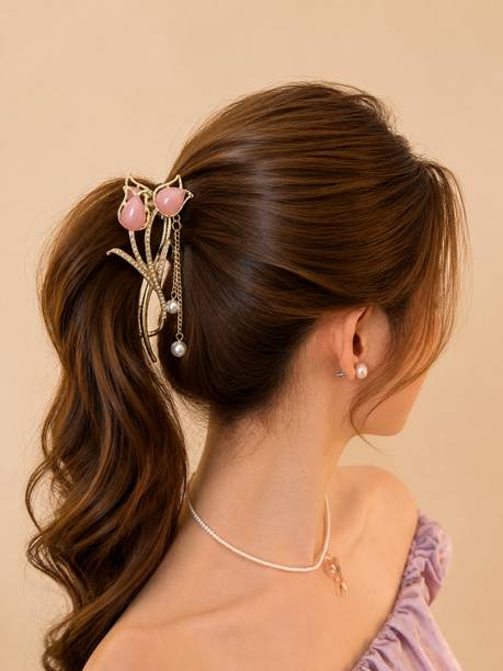 hautehandles Premium Floral Tulip Pearl Tassel Metal Banana Hair Clip for Women Banana Clip