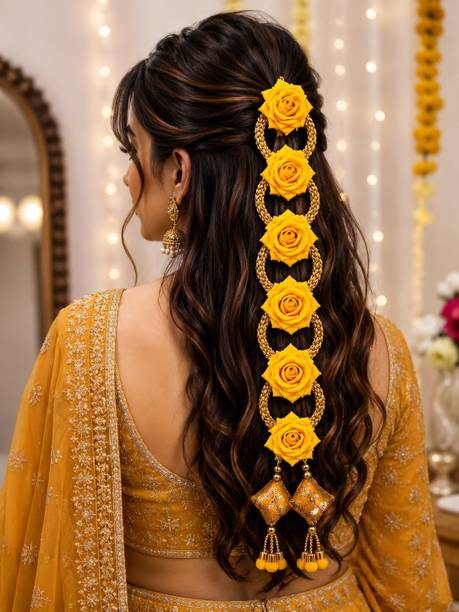 AJ Glowve Yellow Rose Paranda for Women & Girls Bridal Punjabi Hair Accessory set Braid Extension