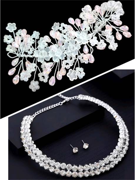 zainab Peach White Hair Tiara for Women & Girls with Double Line Ad Choker Necklace Set Hair Accessory Set