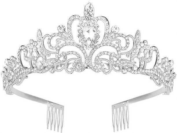 lais enterprises Queen Crown of Silver Crystal Tiara Crowns for Bridal Women Girls Hair Accessory Set