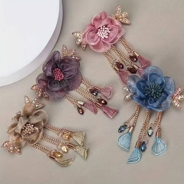 ASG 1pc Dazzling Organza Flower Tassel Hair Barrette - Stylish Chic Hair Clips Hair Clip