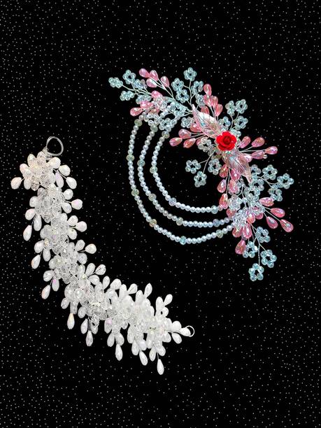 ZariDesigner 2 pc combo veny gajra white and pink tiara crystal Hair Accessory Set
