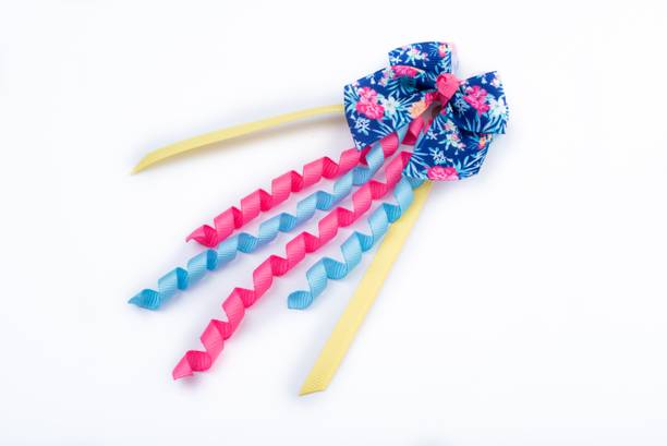 RibbonCandy Ribbon Candy- Floral Print Bow with Danglers on Alligator Pin- Blue Hair Clip