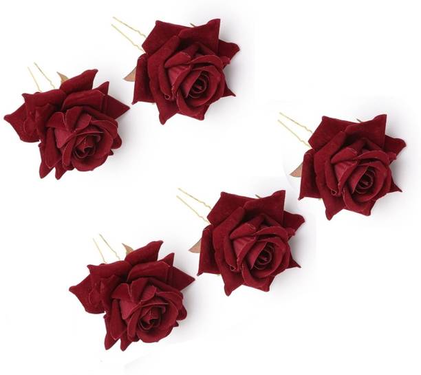 इएल केबेल 5pcs Women's Fabric Maroon Rose Flower hair Pin For Party and Function Use