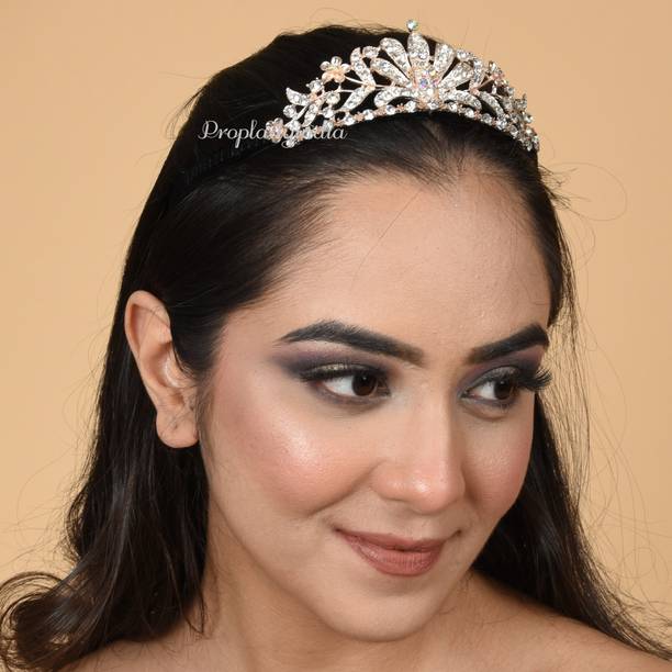Proplady Partywear Golden Rhinestones & Zircons Stud Princess Crown, Hair Band, Tiara, Head Band for Girls & Women|Wedding Hair Hair Band
