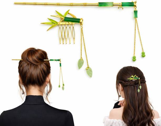 Just Tie Elegant Bamboo Design Hair Bun Stick with Leaf Charm Comb- Set of 2 Bun Stick
