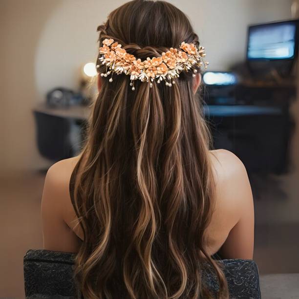 AccessoZone Gold Floral Juda Gajra – 8-Inch Artificial Bun Adornment with Pearl Drops Hair Accessory Set