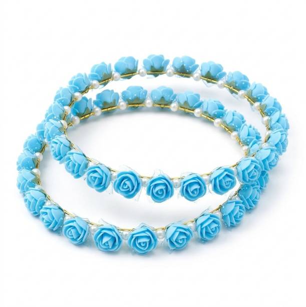 Vivdreams 2 Pcs Flower Sky-Blue Tiara Crown Pearl Headband for Women & Girls Head Band