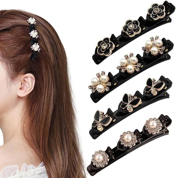 HETSHIV Flower Hair Clips, Rhinestone Braided Hair Clip, Double Layer Mini Hair Clips Hair Clip