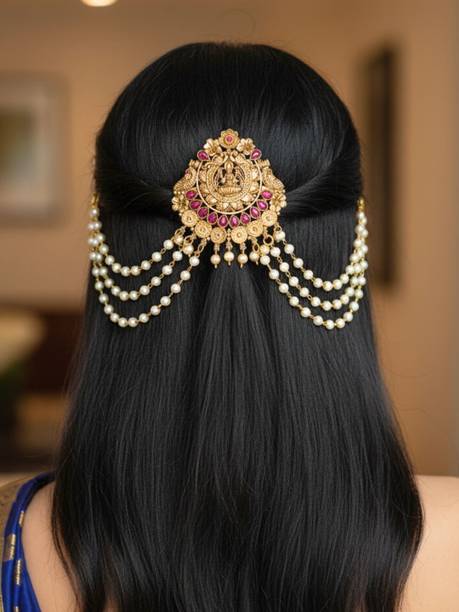 ज्वेला Traditional Gold Plated Brass Choti with Pearl Beads & Temple Design Hair Chain