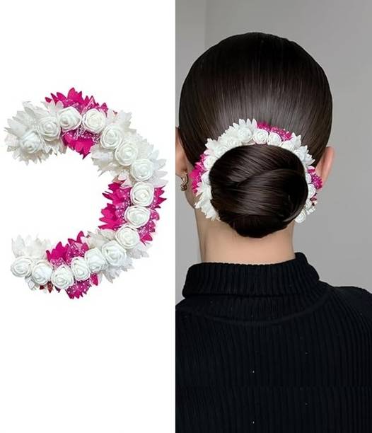 DELUXE Artificial Bridal Rose Petal Flower Tiara Gajra For Women (Pink Color) Hair Accessory Set