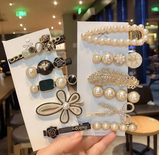 Phoolo Korean Style Pearl Barrettes Marble Alligator bobby pins Pack of 11 Hair Clip