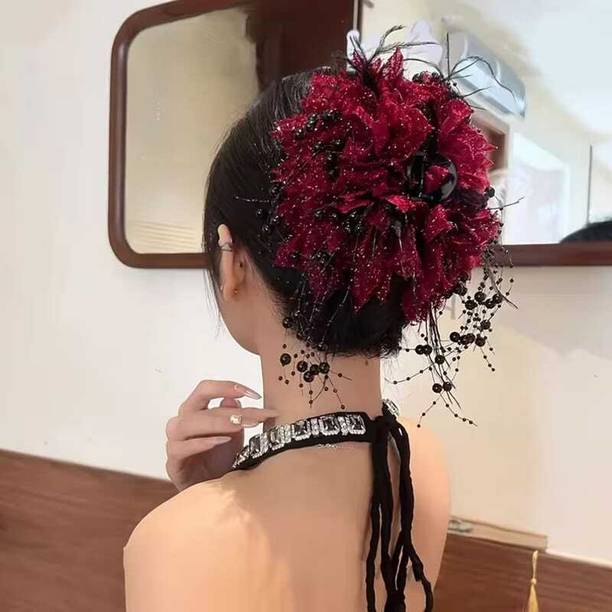 Blubby Double Flower Feather Plastic Hair Claw Clip For Women's Hair Claw