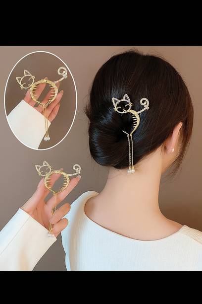 HNB23 Stylish Cat Design Banana Clip with Pearl Chains for women and girls Banana Clip