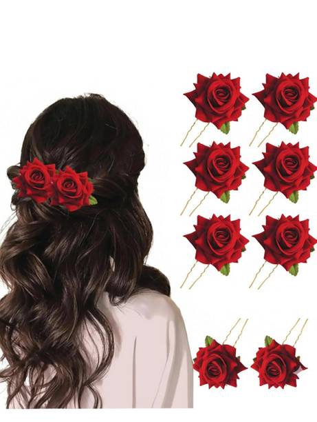Hairzovia Red Rose Flower Hair U Pins for Women Girls Artificial Rose Juda Bun Pack of 6 Hair Pin