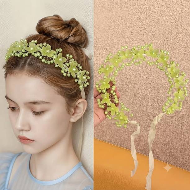 REMICH Flower Crown with Adjustable Hair Ribbon - Party, Festival & Photoshoot, Green Head Band