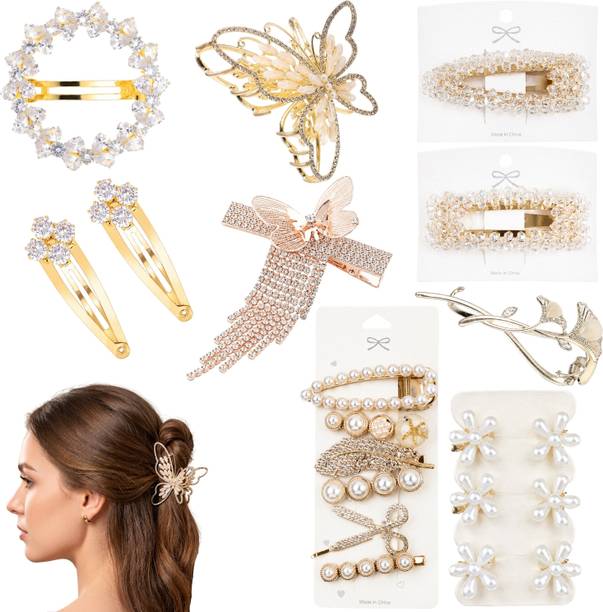 RosaStella Elegant Crystal Pearl Butterfly Hair Clips & Barrettes Set for Women Gold Hair Accessory Set