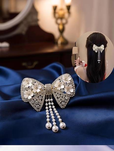 Drishman Sparkling Rhinestone Bow Hair Clip with Pearl Tassels (1PCS) Hair Clip