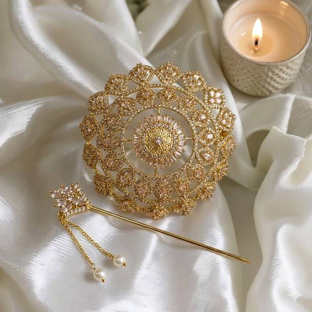 JussKiddin Premium Gold-Plated Bridal Hair Bun with Pearl Stick Hair Accessory Set