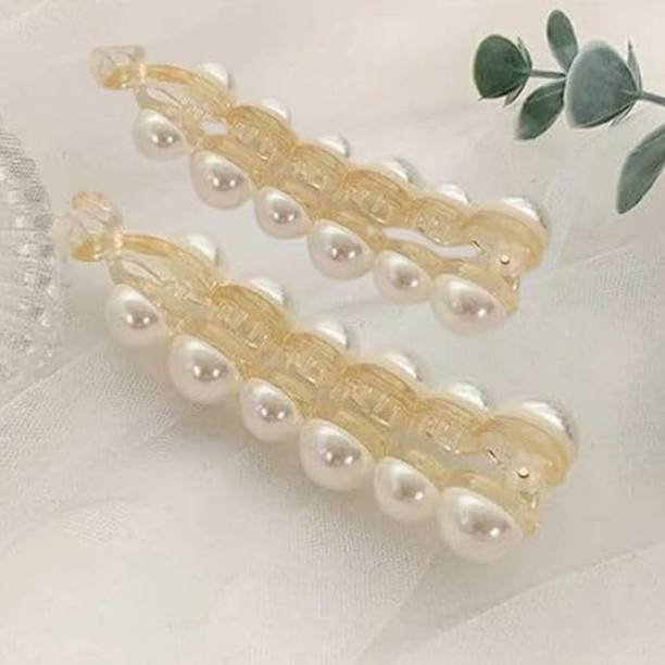 Snowpearl Pearl Hair Clip Banana French Barrettes Rhinestones Clips - White (02 Pieces) Banana Clip
