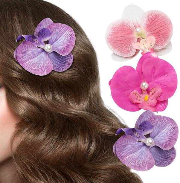 Diversa Flower Hair Clips for Women, Orchid Hair Pins, Artificial Flower Clip, Pack of 3 Hair Clip