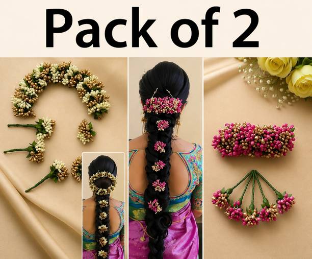 Flyder Fashion Artificial Flower Gajra 1 veni pins 5 White pink kajra Colour Hair Accessory Set