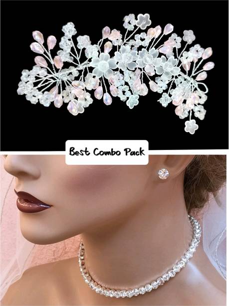 zainab Peach White Hair Tiara for Women & Girls with Single Line Ad Choker Necklace Set Hair Accessory Set