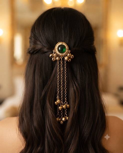 Vindaa Hair Brooch/Jadai Billai Antique Gold Plated and Green Stone Hair Brooch Hair Pin