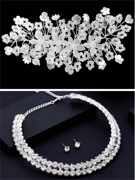 zainab White Hair Tiara for Women & Girls with Double Line Ad Choker Necklace Set Hair Accessory Set