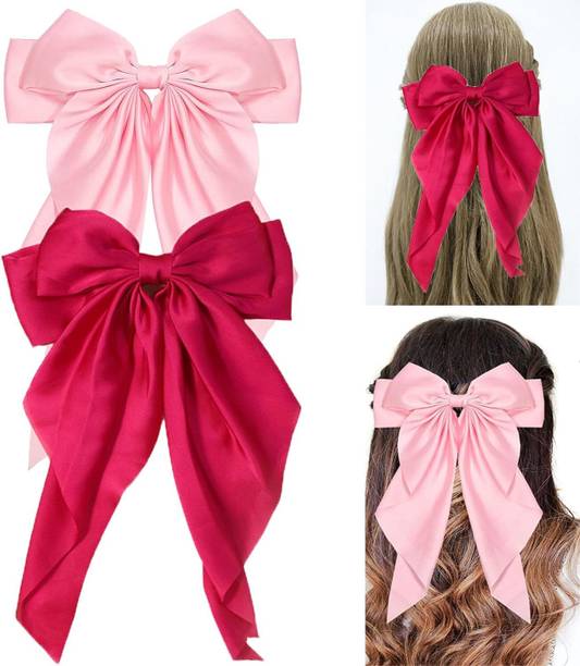 Sparkling Dazzle 2Pcs Hot Pink & Baby Pink Large Double Bow Satin Silk Alligator Clip for Girls Hair Clip