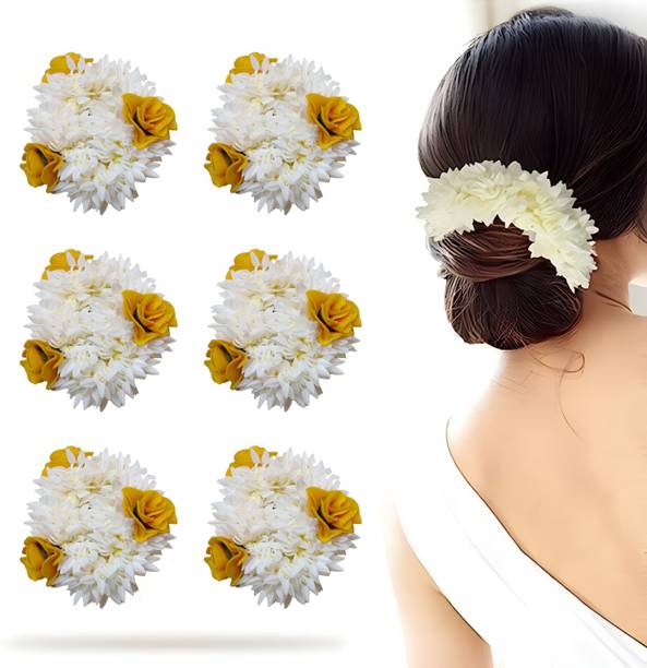 Trendy SheFinds Artificial Jasmine Yellow Flower Hair Gajra Bun for Bridal & Festive-Set of 6pcs Bun