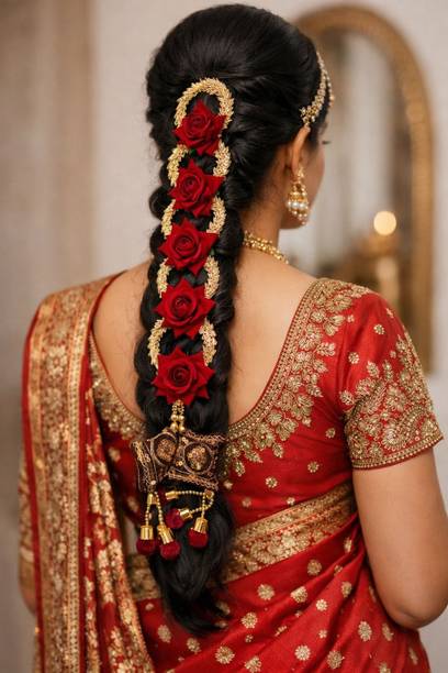 Muskan Traders Red Rose Floral Hair Garland with Gold Accents Bridal Hairstyles Braid Extension