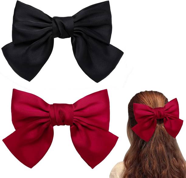 ASG 2 Pcs Different Size Soft Silk Satin Bow Knot Hair Clips for Women Hair Clip