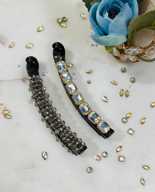 DEEPTI CHANDNA DESIGNS Grey Crystal Banana Clip HairsGirl Ladies Fashionable Beauty Clamp Clip Banana Clip