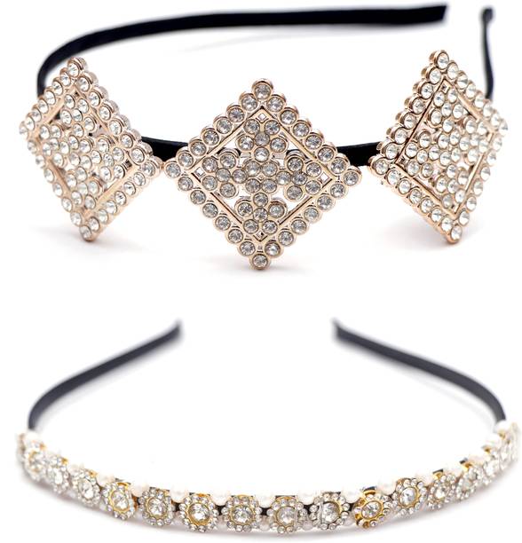 NAVMAV Rhinestone Headband Fancy Flower Tiara Party Wedding Wear Hairband For Girl 2Pcs Hair Band