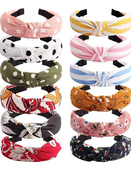 Renu enterprises Korean Style Solid Shimmer Fabric Knot Plastic Hairband Headband for Girls and Woman Pack of 12 Hair Band