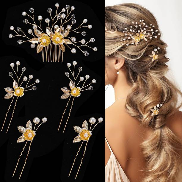 HANNEA Golden Pearl Floral Wedding Hair Pins Set of 5 Bridal Hair Accessories Hair Accessory Set